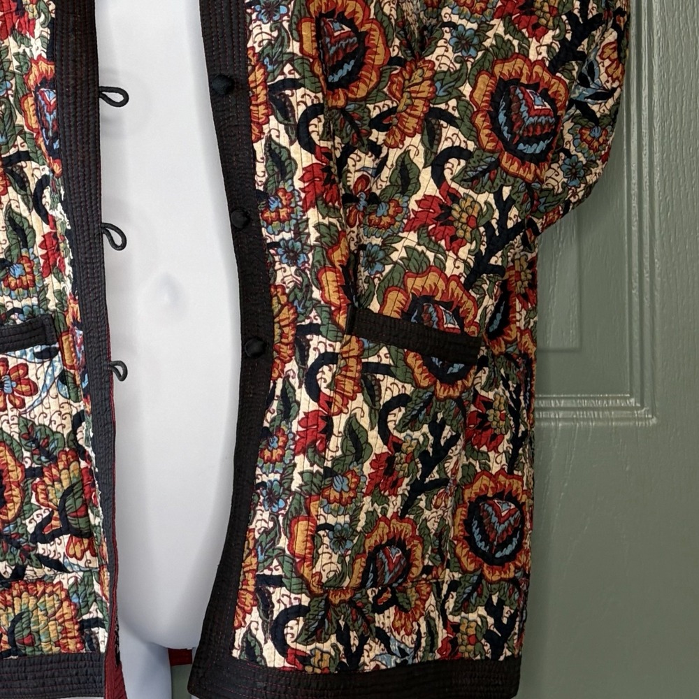 Reversible Quilted Jacket XL Floral Botanical Boho Chore Coat Asian Art to Wear - Picture 11 of 16